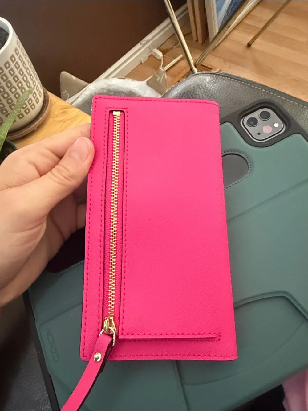 kate spade hot pink Saffiano wallet with gold logo plaque
